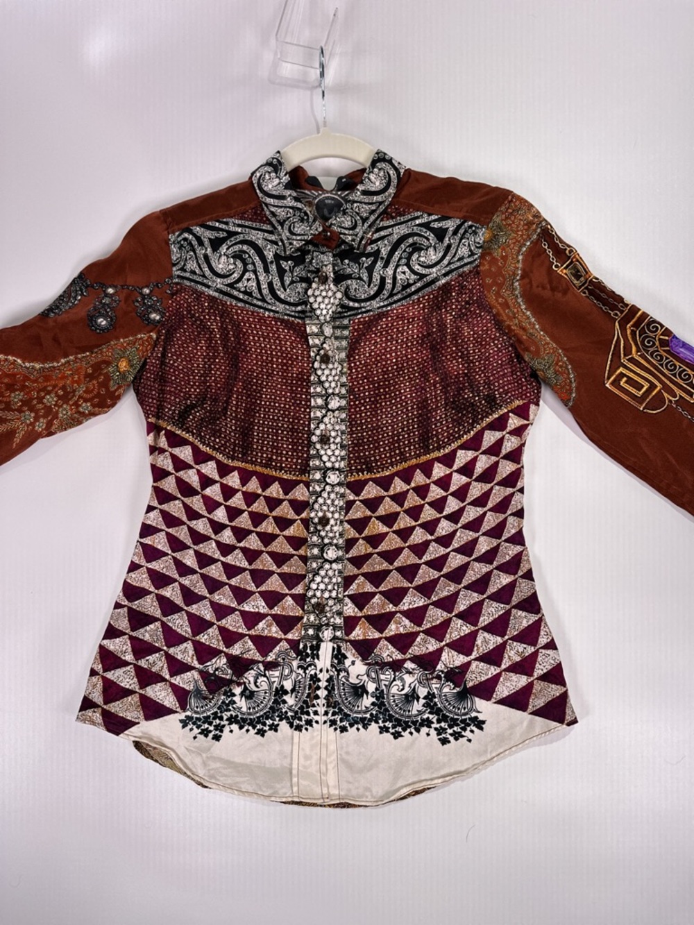 Etro 100% Silk Colorblock Geometric Paisley Long Sleeve Blouse IT 40 US 4 - Picture 3 of 10